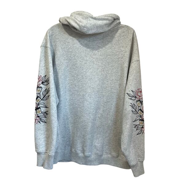 Hollister California Graphic Hoodie Floral Sleeve Embroidery Gray Pullover M - Picture 2 of 8